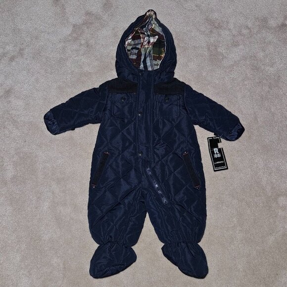 NWT Rothschild Quilted Pram Navy Blue Snowsuit Hooded Lined Baby 3-6 Months